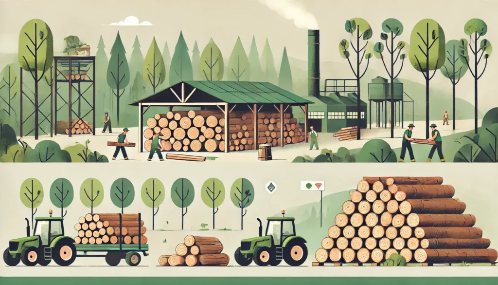 DALL·E 2025-04-06 16.30.52 - Flat design illustration showing sustainable firewood production. A rural scene with workers cutting eucalyptus logs, neatly stacked firewood drying u