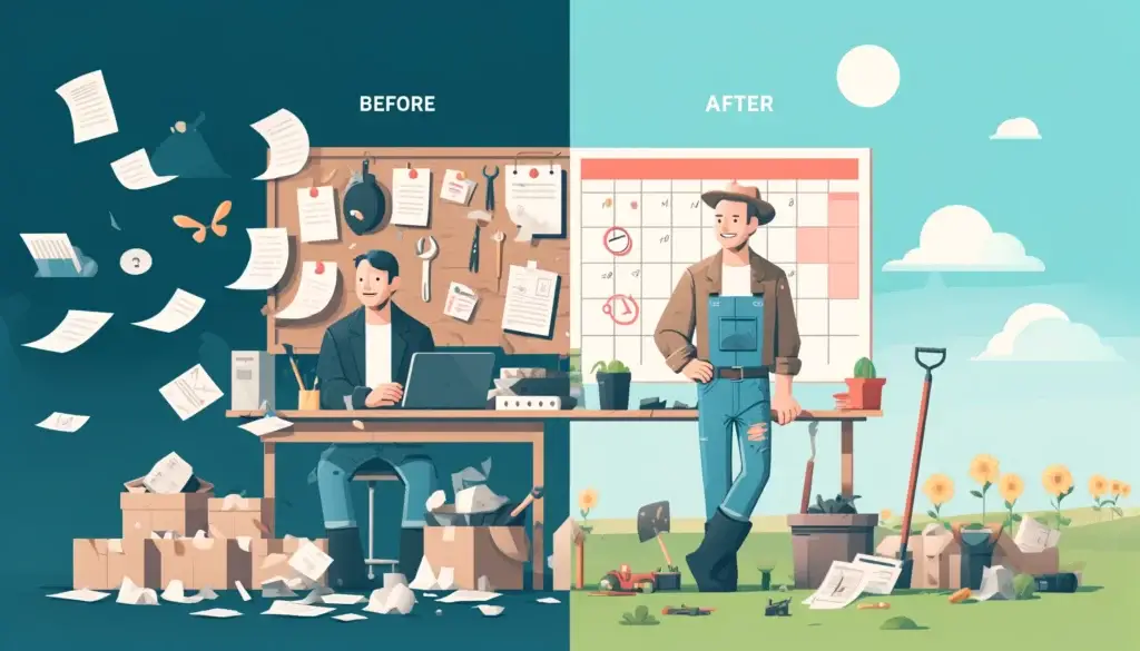 Flat design illustration, 3_2 aspect ratio, showing the transition from chaos to organization in a rural farm setting. On the left side, a disorganize
