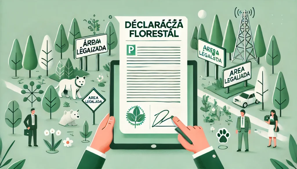 Flat design illustration featuring a large digital document titled 'Declaração Florestal' in the foreground being digitally signed. The background inc