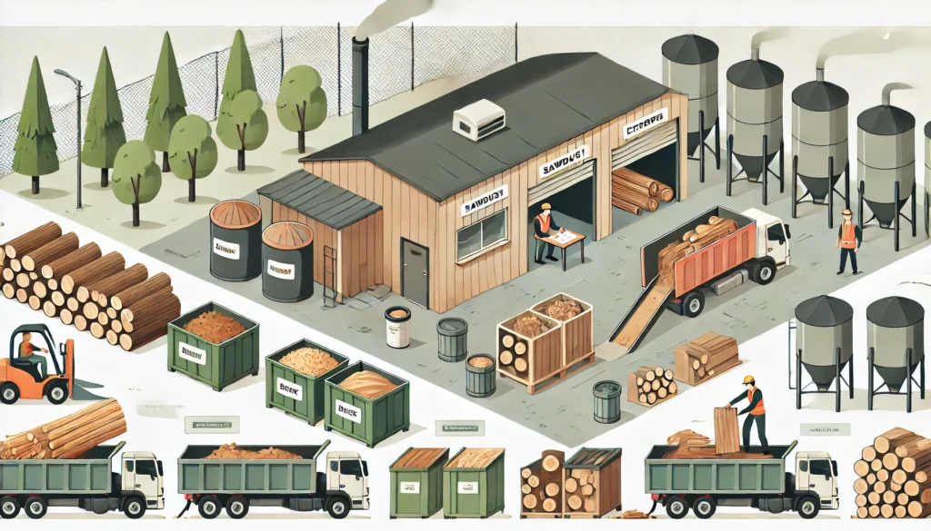 Flat design illustration showing a small to medium-sized sawmill facility implementing waste management best practices. The scene includes separated b